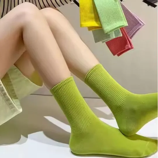 Kaos Kaki Wanita Katun Longgar Musim Gugur Musim Dingin Rajutan Warna Solid Panjang Hitam Pink Korea Jepang Pelajar Perempuan