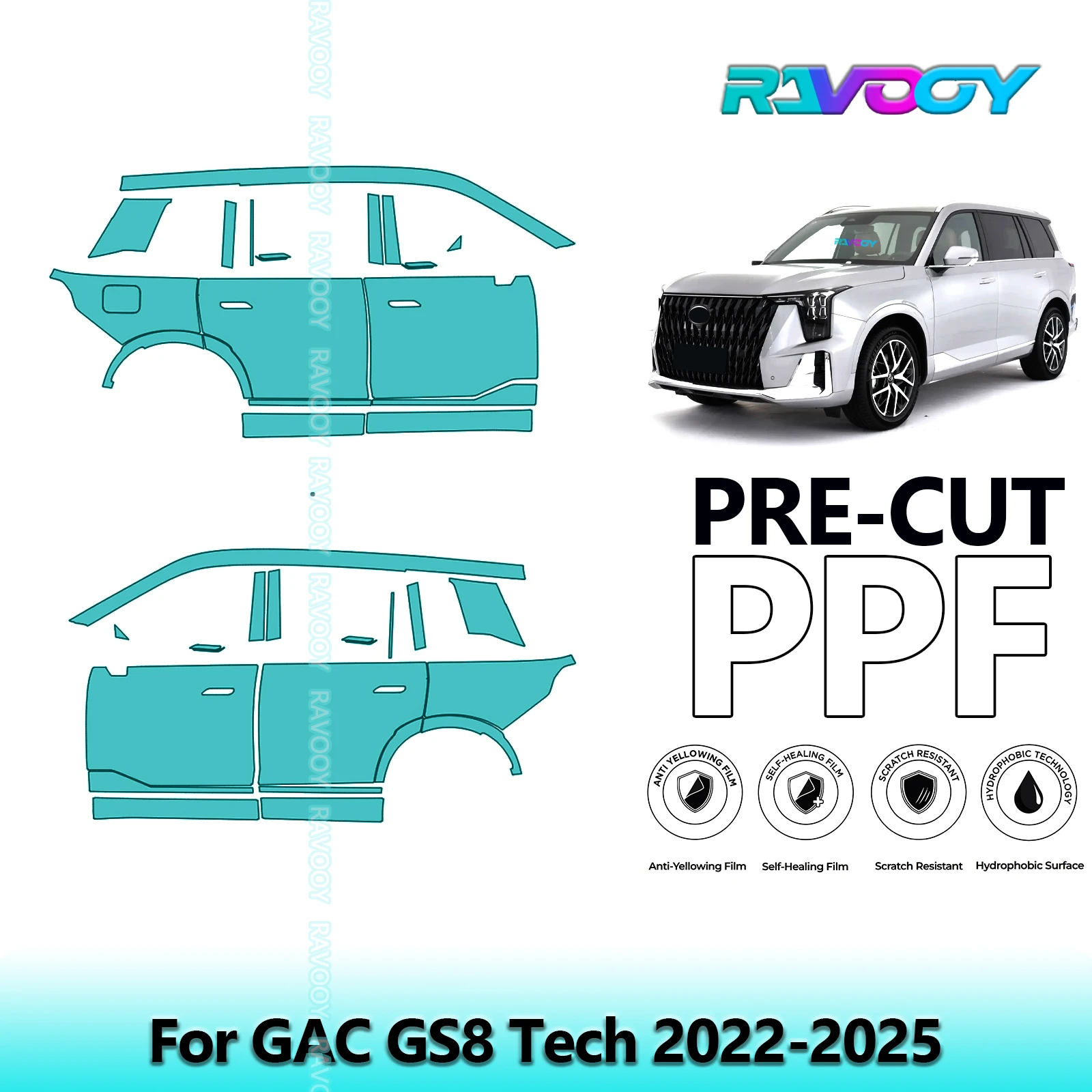 

For GAC GS8 Tech 2022-2025 8.5mil Clear Matte Pre-Cut PPF Door & A/B Pillar Kit TPU Paint Protection Film Set