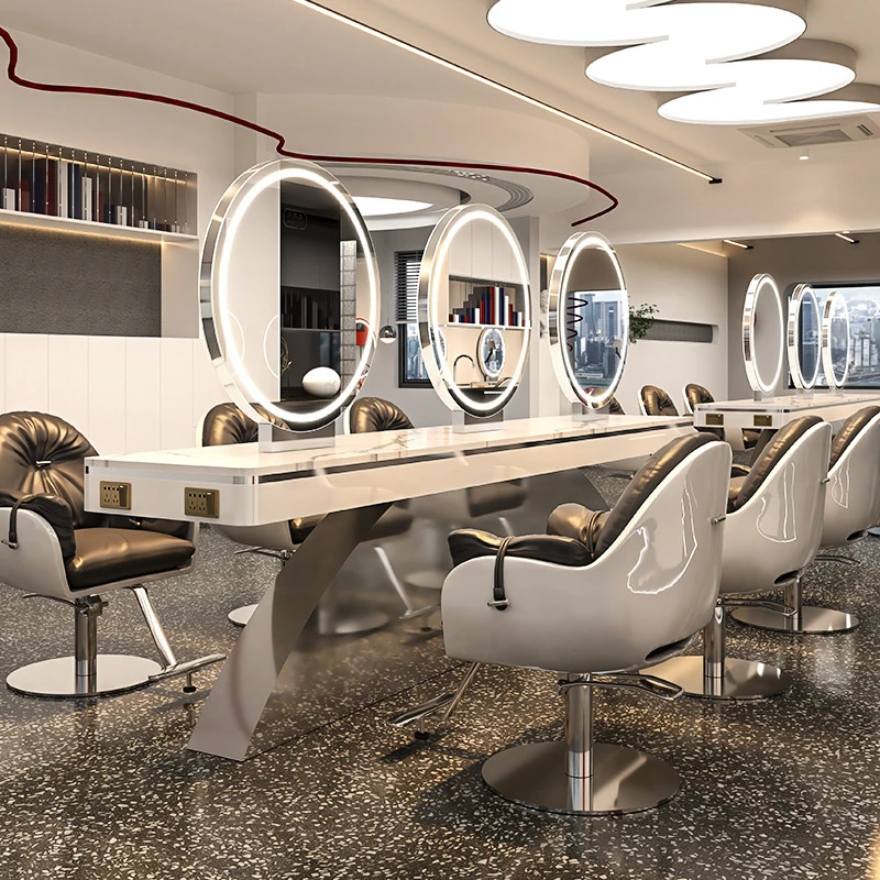 Double-Sided Hair Salons, Hairdressing With Lights, Stainless Steel Cutting Mirror, Perm And Dye Table,