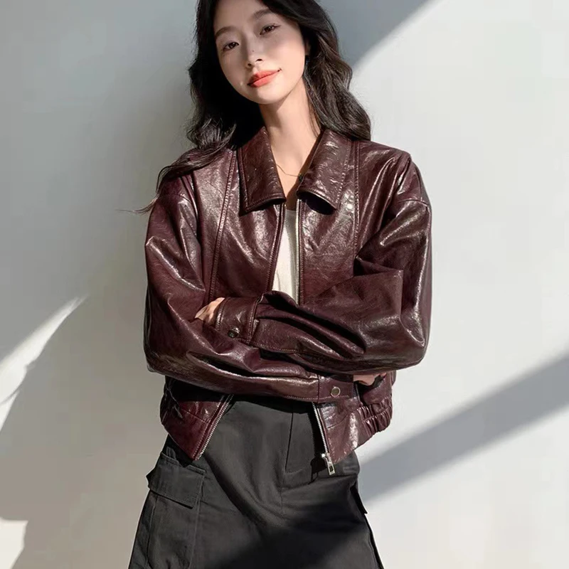 2026 Vintage Oil Wax Sheepskin Coat for Women Lapel Zipper Loose Casual Spring Fashion Short Slim Real Leather Jacket Outwear