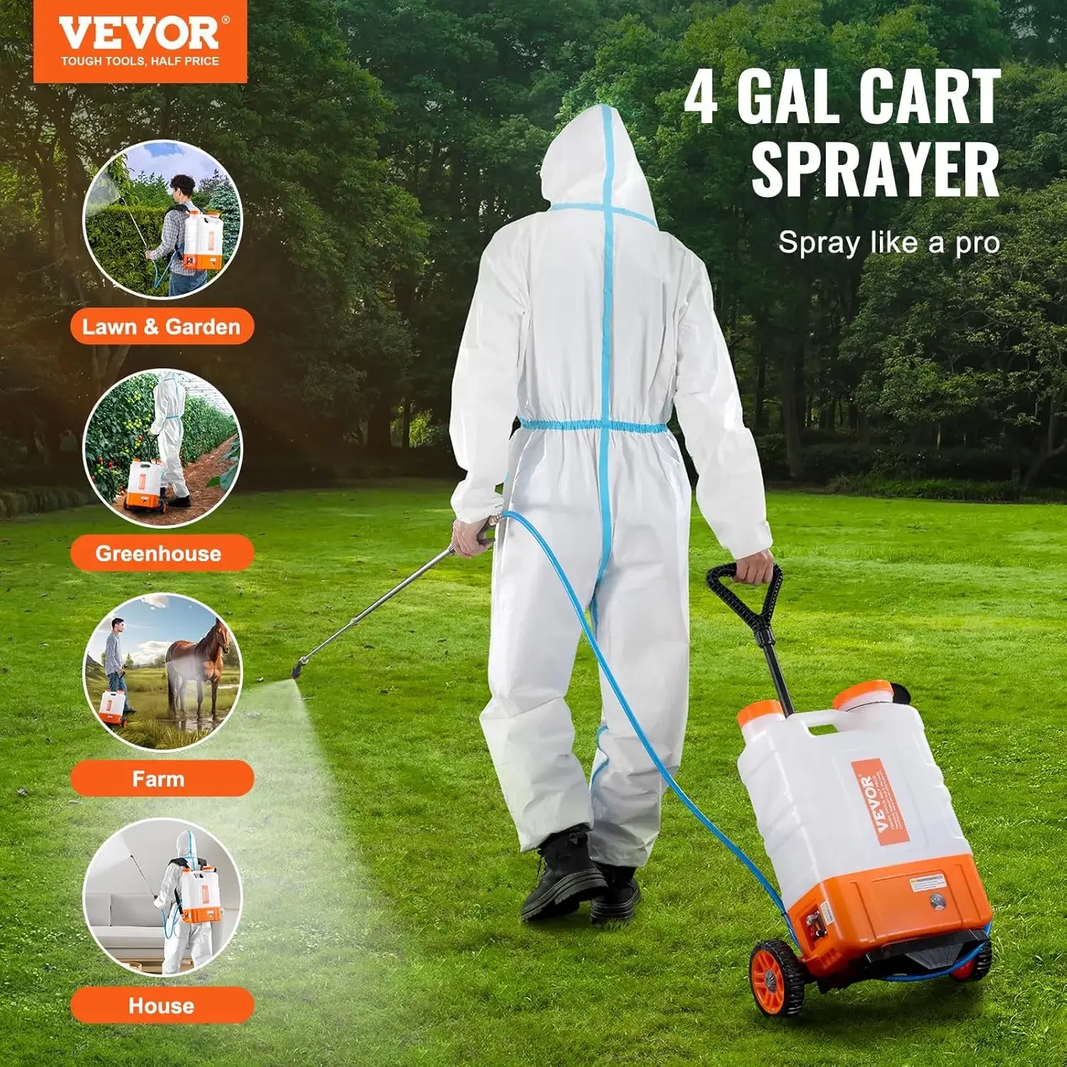 4 Gallon Battery Powered Backpack Sprayer with Wheeled Cart, Adjustable 0-94 PSI, 13FT Hose, 6 Nozzles, 2 Wands Included