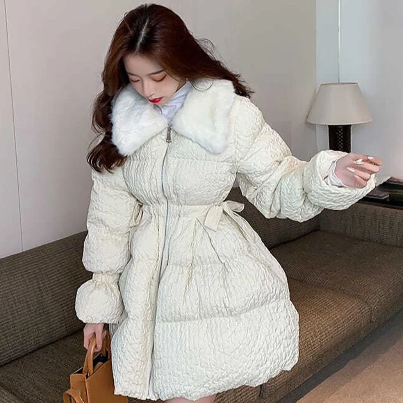 

Big Fur Collar Women Mid-Length Cotton Coat Winter Korean Fashion Elegant Lace-up Warm Parkas 2023 Office Lady Thicken Jacket