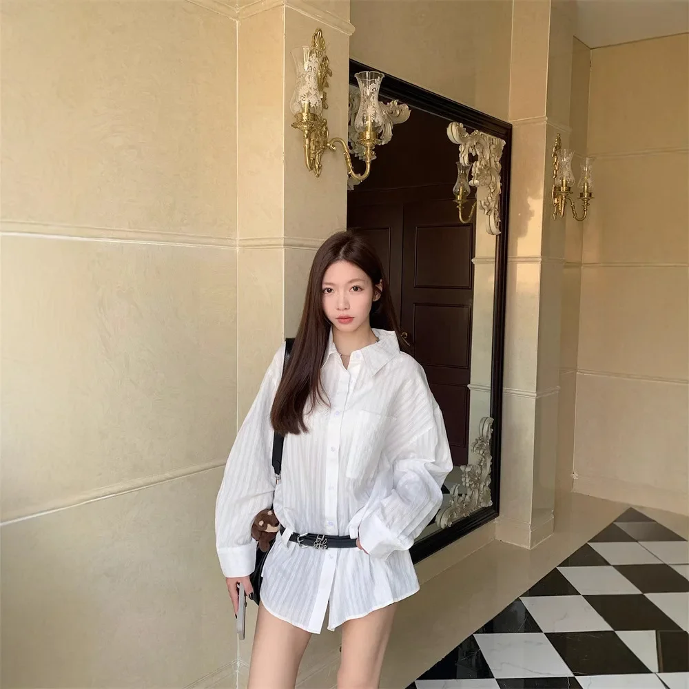 Real Shot ~ 2025 neue Frühjahr lose lässige Langarm-Shirt Damen mittlere und lange Hemdjacke + Gürtel