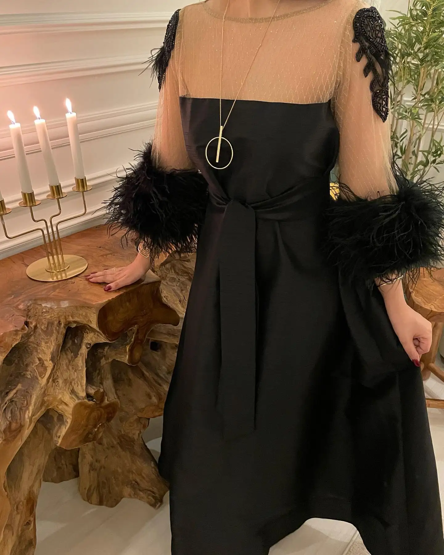 Gaun Malam Kustom Gaun Prom Lengan 3/4 Bulu Sendok Jersey Indah Gaun Pesta Panjang Pergelangan Kaki Sabuk A-Line Klasik