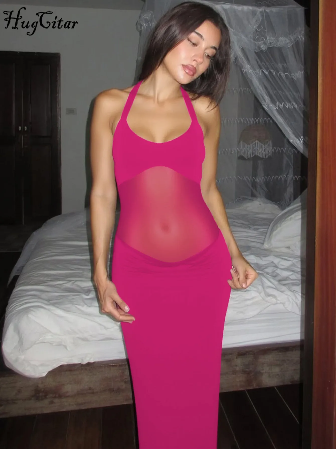 Hugcitar ファッションホルター背中の開いた包帯シャーリングパッチワークレースセクシーなマキシドレスシースルー女性服ビーチ休暇