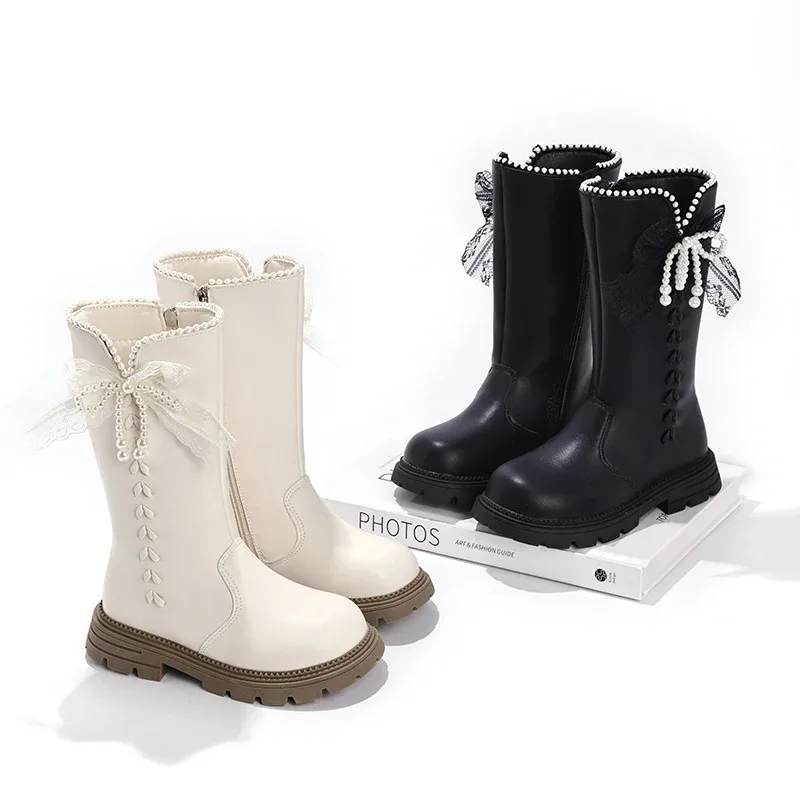 Fall girls' knee-length boots with pearl lace and bow design,slip-resistant thick-soled boots,suitable for parties and daily use