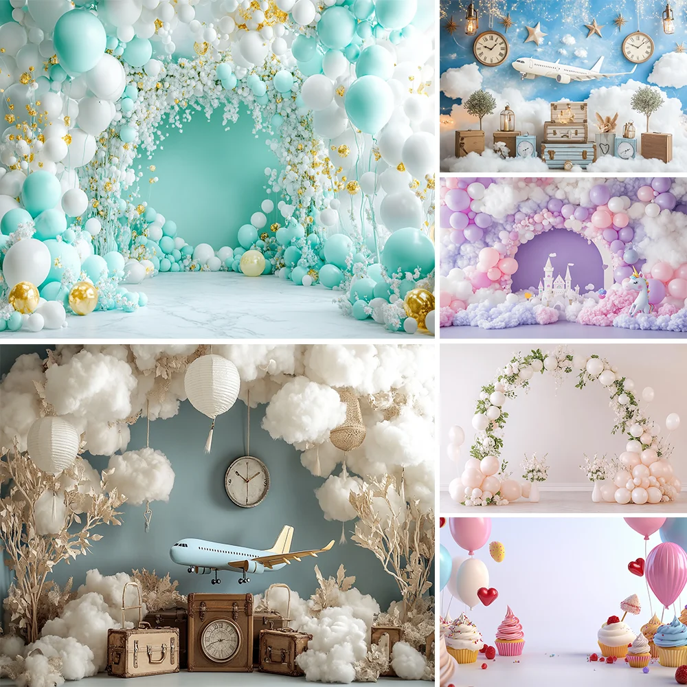 

One Year Old Baby Birthday Backdrop Toys Bear White Balloons Children Portrait Photography Background Kids Baby Shower Banner