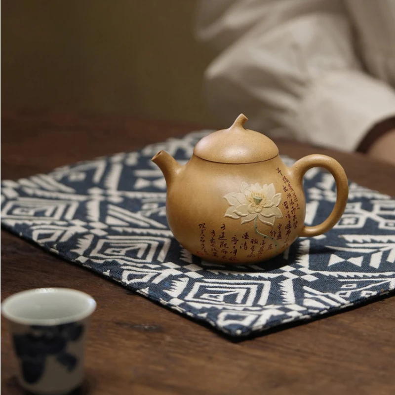 1PCS 160ml Chinese retro handmade carved Yixing raw ore section mud high-end boutique teapot Kung Fu tea set gift