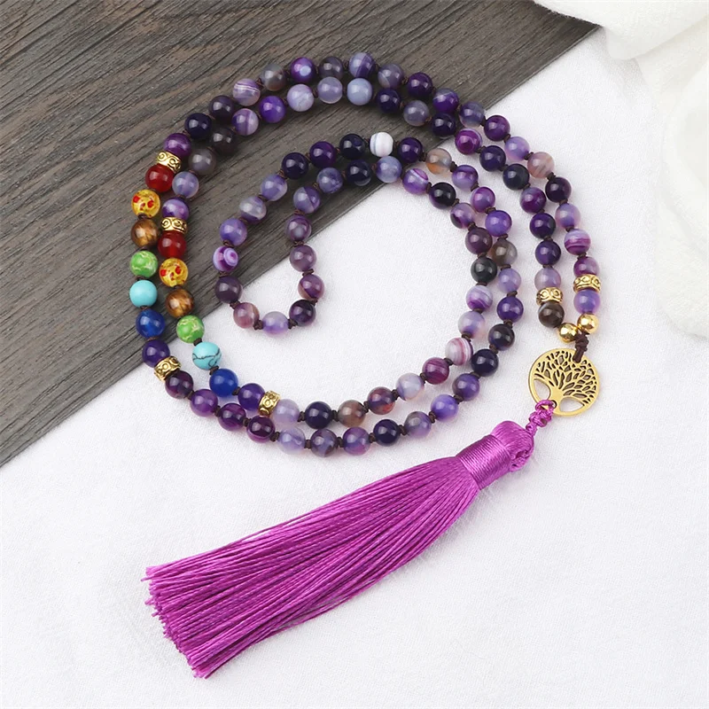 Natural Purple Agates Stone Necklace For Women Girls 7 Chakra Reiki 108 Japamala Mala Beads Knotted Tassel Long Necklace Jewelry