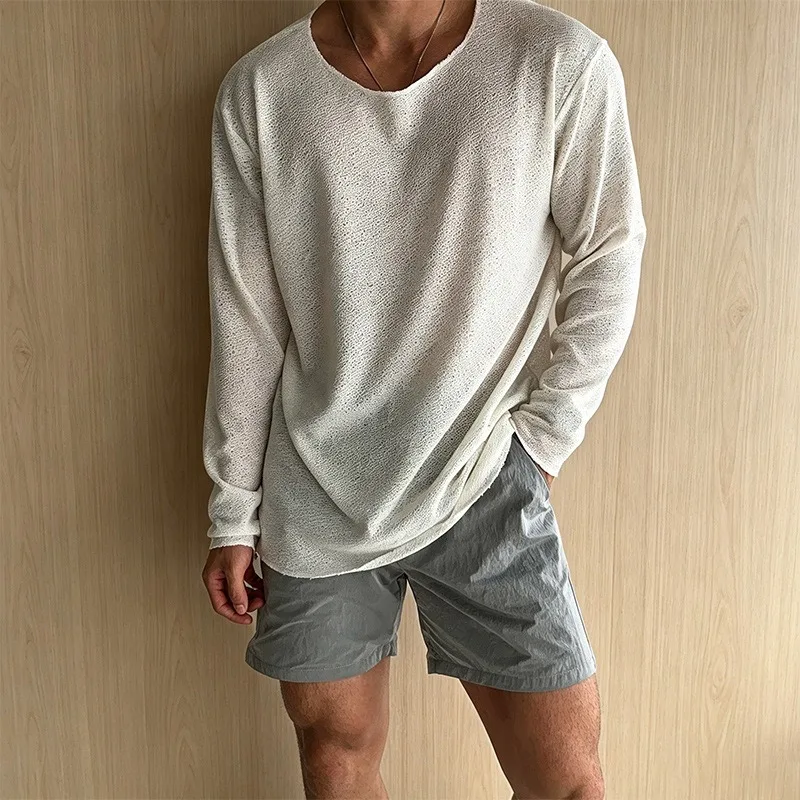 KIDWHXR Autumn Men T-shirt Simple Round Neck Man Top Loose Breathable Long Sleeve Tees Male Soft Lightweight Casual T-shirt