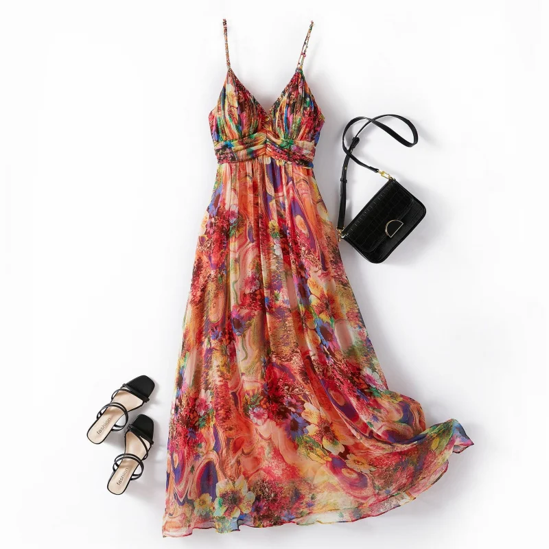 

100% Silk Summer Dress Sleeveless Beach Dress Vacation Party Dress for Women