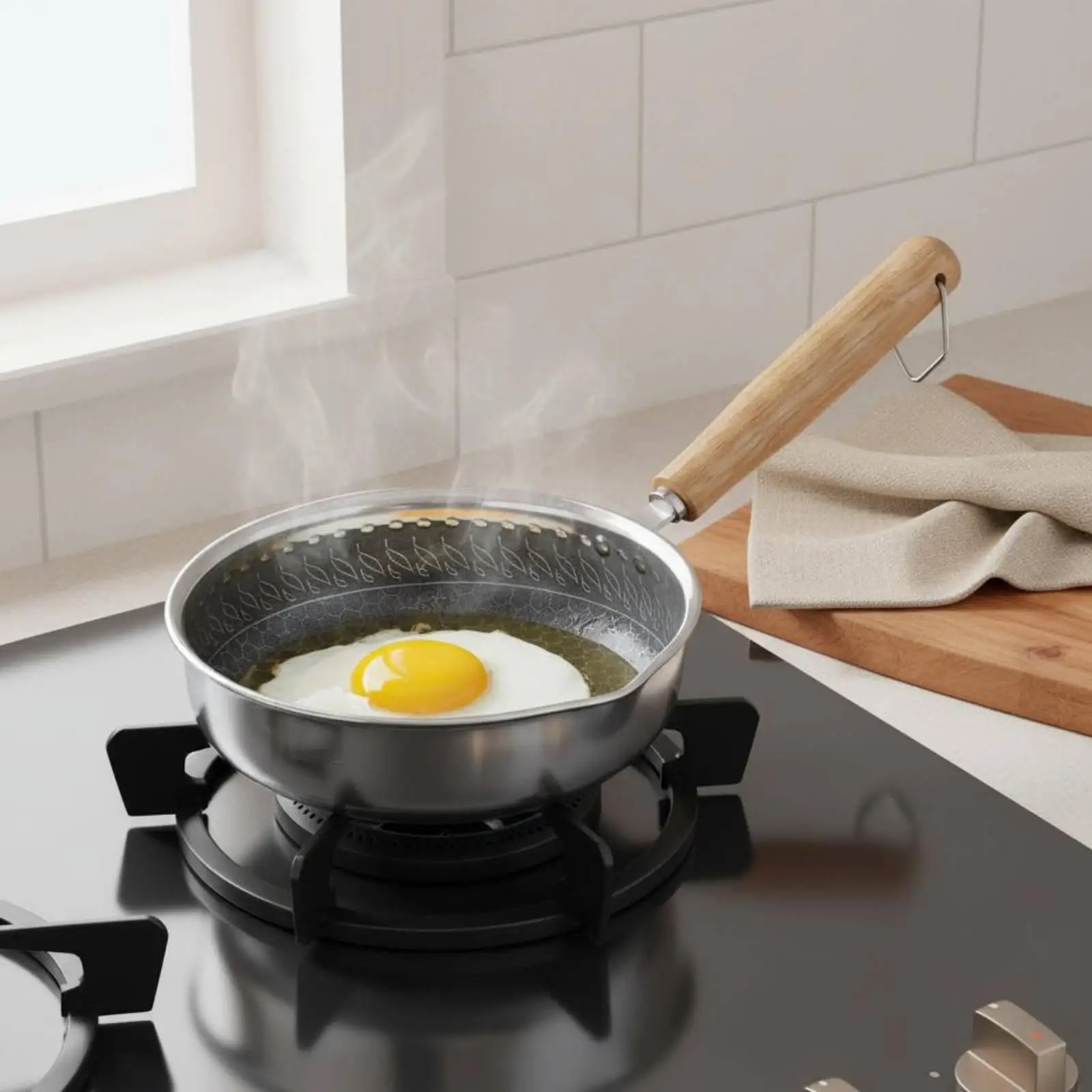 Frying Wooden handleGrain Handle Stainless Steel Frying Pan Hanging Loop Stainless Steel Skillet
