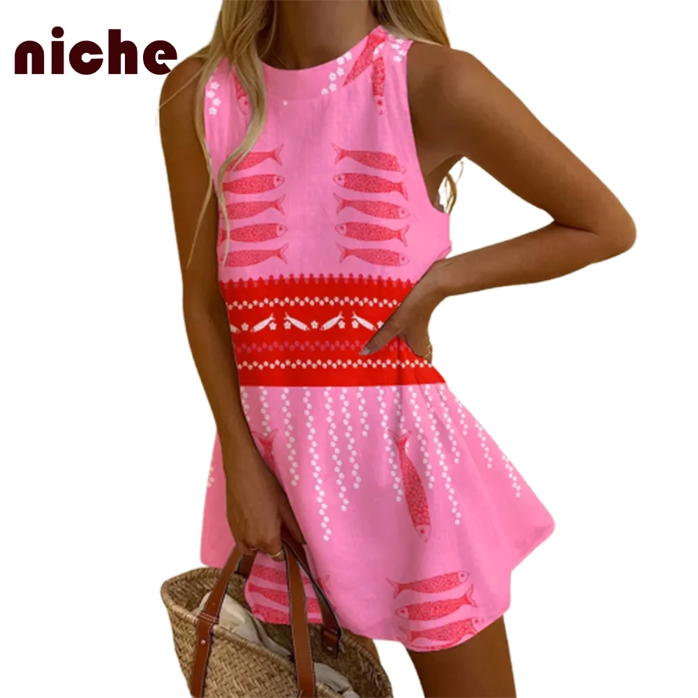 Damen ärmelloses Kleid rosa y2k Stil schick Fisch Grafik druck Mode hochwertige Stoff Trend neuen Sommer Strand rock