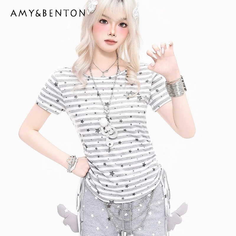 

Retro Design Star Striped Knitted Women's Short-sleeved T-shirt 2026 Summer New Drawstring Waist Y2k Thin Short T-shirts Ladies