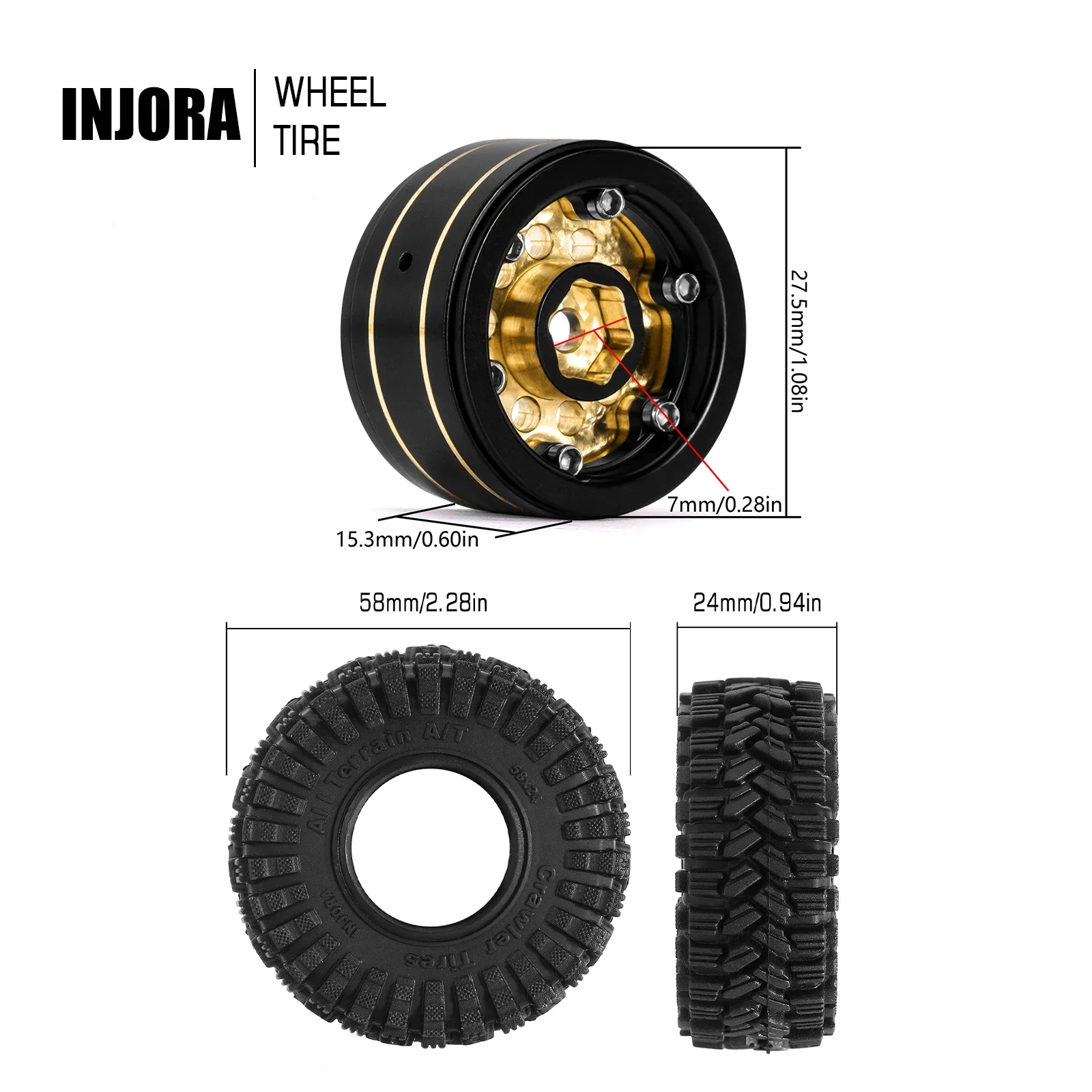 INJORA-Ensemble de pneus de roue à revêtement noir en laiton, 1.0 pouces, pour 1/24 1/18 RC inoler Car Axial SCX24 AX24 TRX4M FCX24