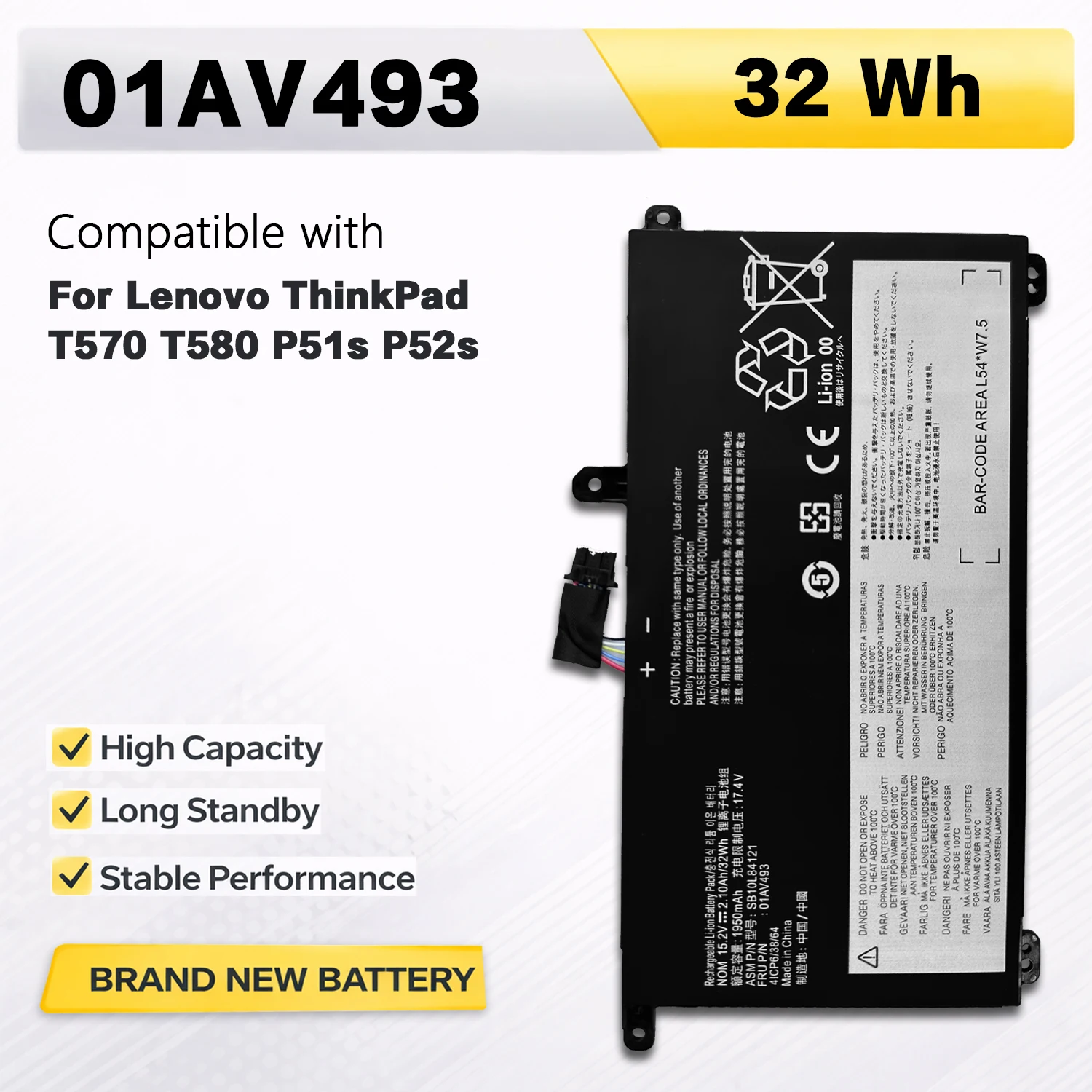 PowerHub 01AV493 Laptop Battery 32Wh 15.2V For Lenovo ThinkPad T570 T580 P51s P52s 00UR890 00UR891 00UR892 SB10L84121 SB10L84122