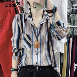 Women's Clothing Spring Autumn Vintage Striped Print Button Up Shirt Lapel Long Sleeve Loose Blouse Female Casual All Match Tops