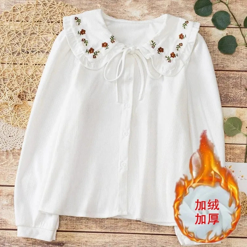 

Новая осенне-зимняя рубашка с кукольным воротником и вышивкой для женщин, вельветовый топ с рюшами и длинными рукавами на шнуровке