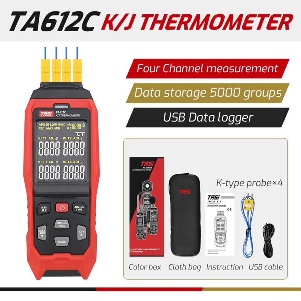 

TASI TA612C Handheld Digital LCD Temperature Meter 4 Channels K/ J Thermocouple Thermometer -200~1372℃/ -328~2501℉ Data Storage