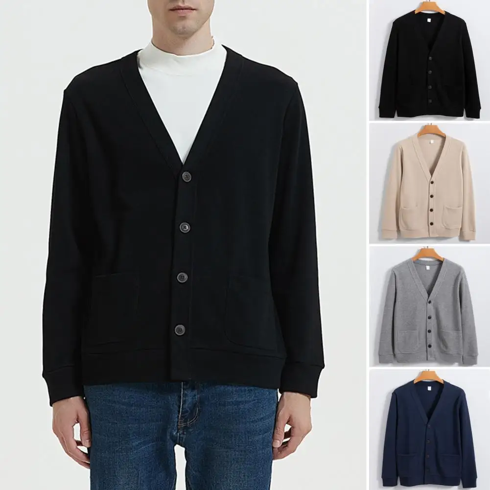 

Single-breasted Cardigan Elegant V Neck Men's Cardigan Sweater Coat for Fall Winter Business Style Knitted Solid Color