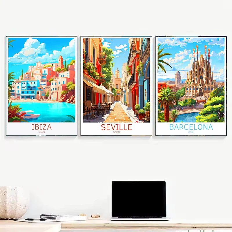 Spain Travel Paris Gran Canaria Barcelona Madrid Granada Poster Canvas Painting Wall Art Picture for Living Room Home Decor