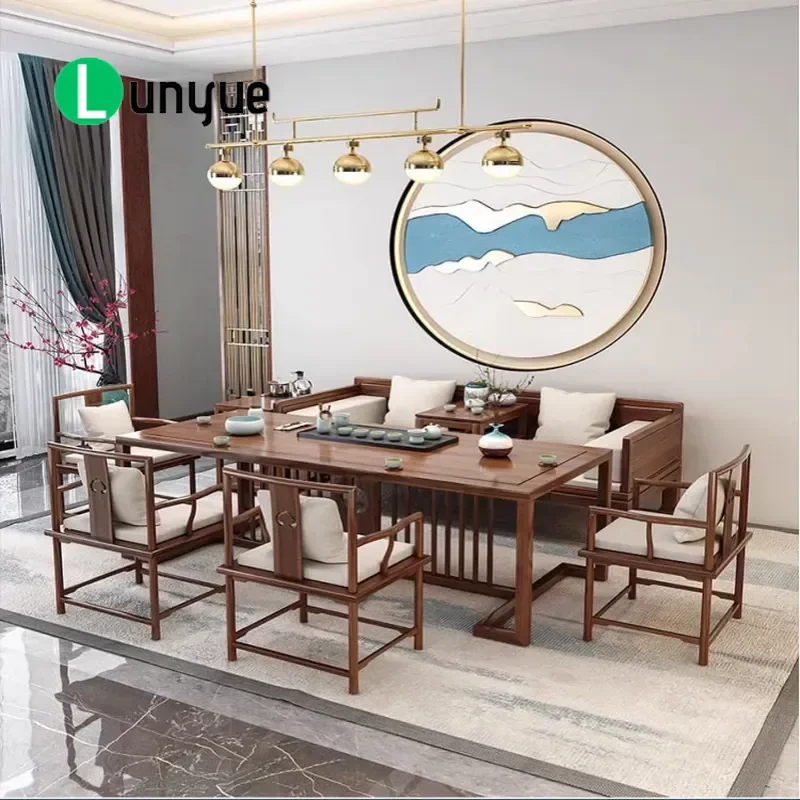 New Chinese Style Solid Wood Kung Fu Tea Table Set with Sofa Chair and Screen Zen Living Room Reception Furniture Combination