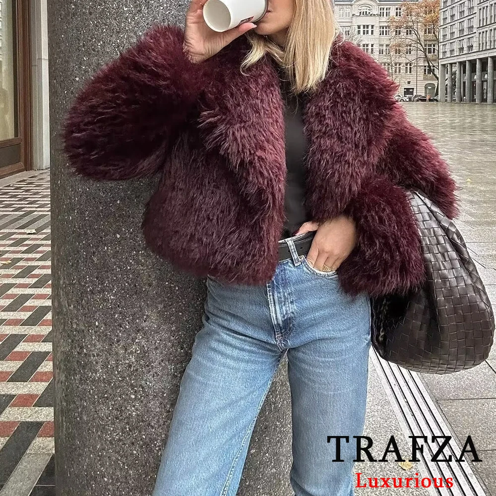 TRAFZA Casual Red Fur Jackets Women Long Sleeve V Neck Thick Autumn Winter Short Coats Fahsion 2024 Streetwear Warm Outwears