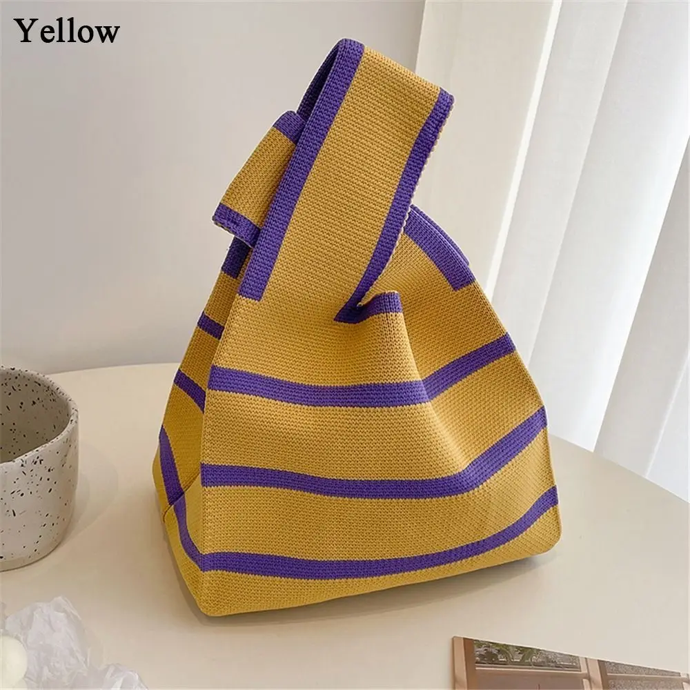 Women Wide Stripe Handmade Plaid Tote Bag Knit Handbag Shopping Bags Knot Wrist Bag