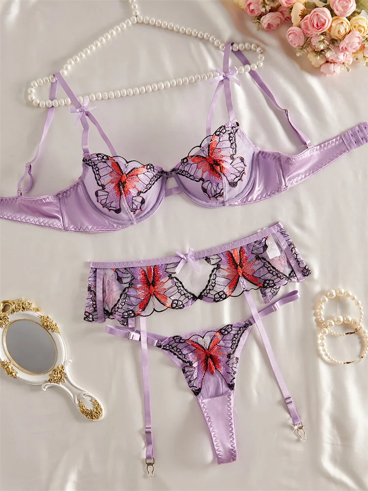 Sexy Lingerie Woman Romantic Purple Intimate Outfits Butterfly Embroidery Bra Set 3 Pieces Lace Underwear Beautiful Lingerie Set