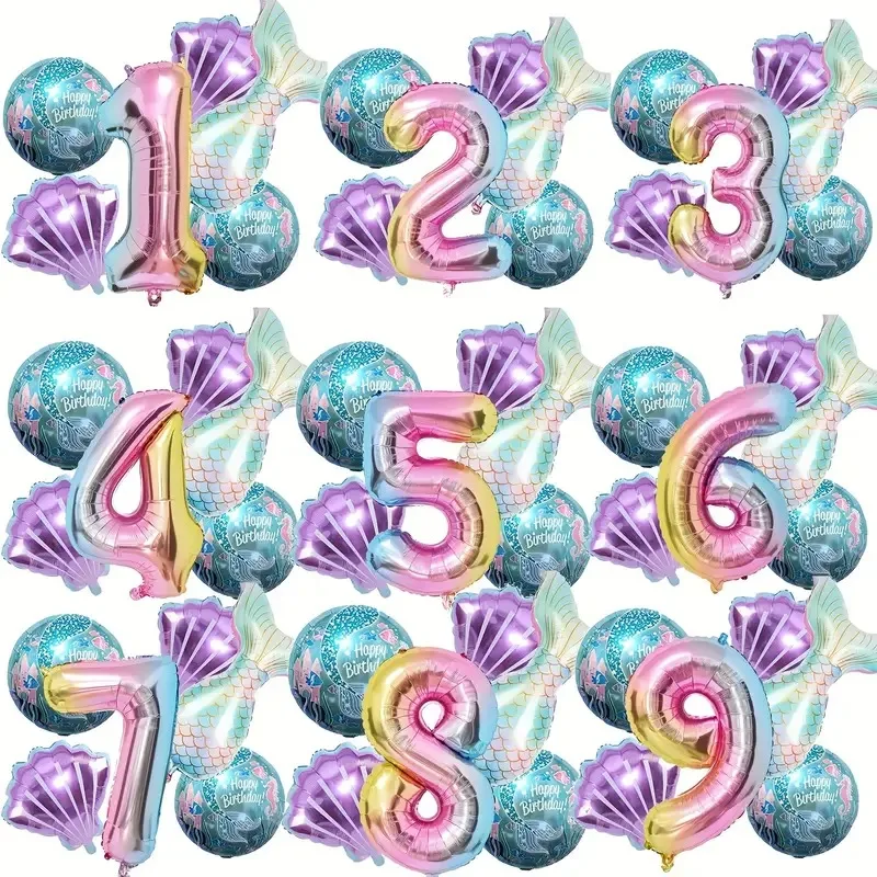 Decoraciones para fiestas temáticas de sirena, globos de helio, diseños de cola, números de arcoíris, acentos de concha marina para niños, cumpleaños, Baby Shower