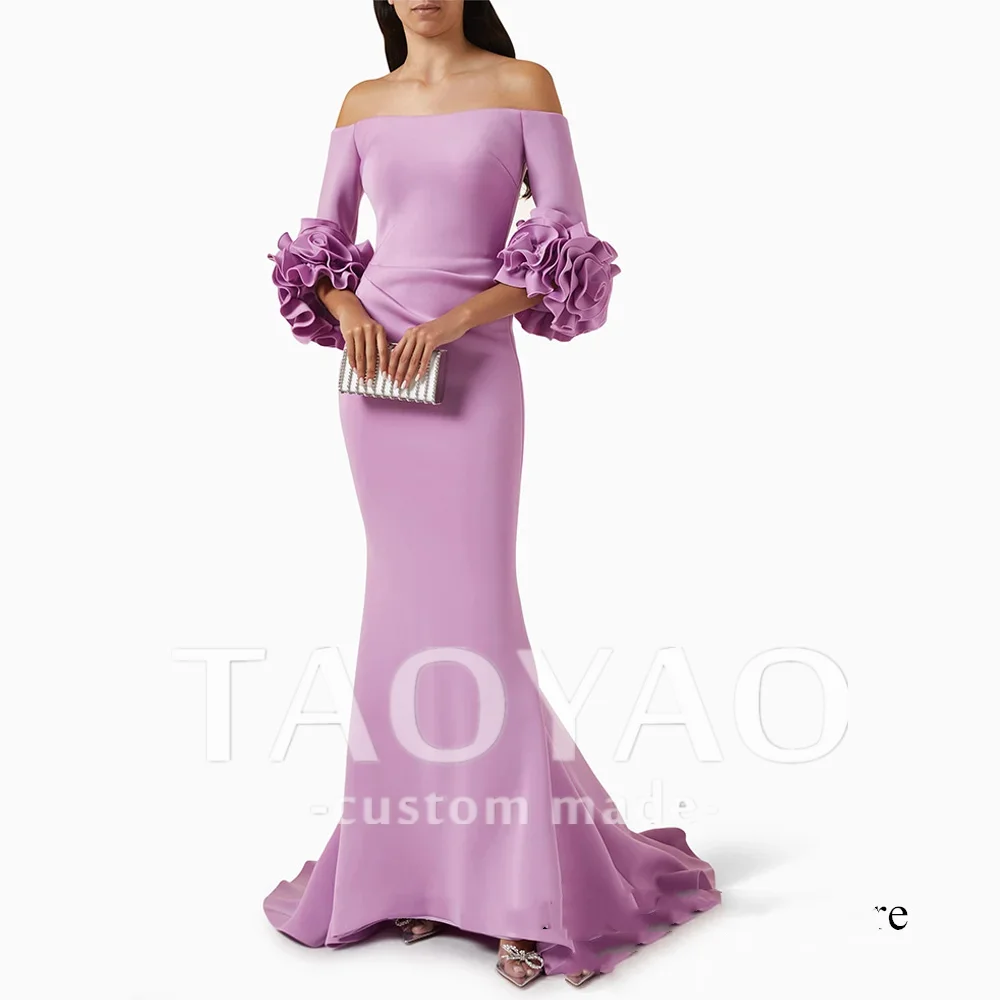 Purple Mermaid Arabic Evening Dress Prom Gown Customized Boat Neck 3/4 Flower Sleeves 2025 Sweep Train Arabian Party Dresses