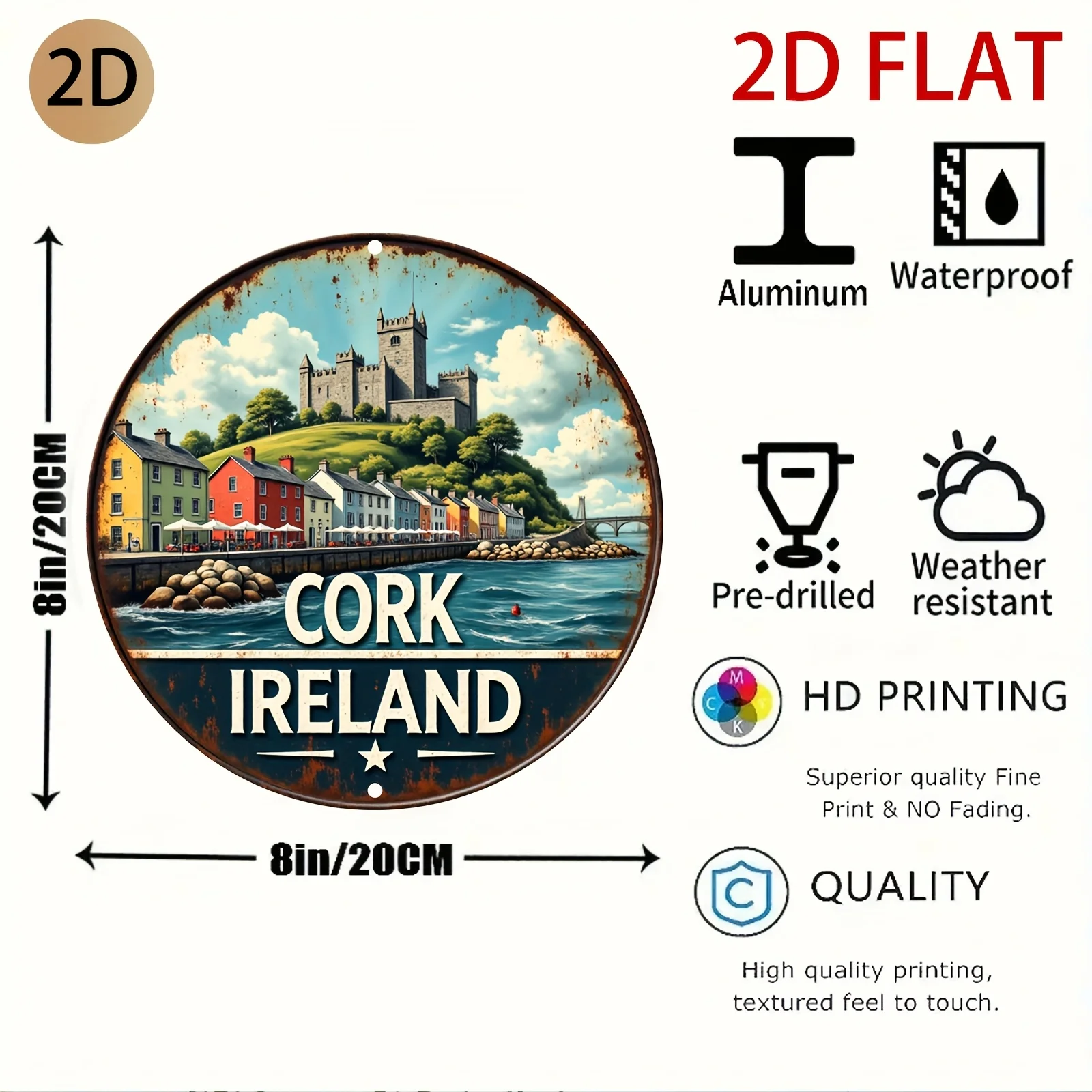 2D Flat - A Round Metal Sign Featuring a Retro Design of Cork, Ireland, Perfect for Decorating a for Home Bar Or for Travel-Them