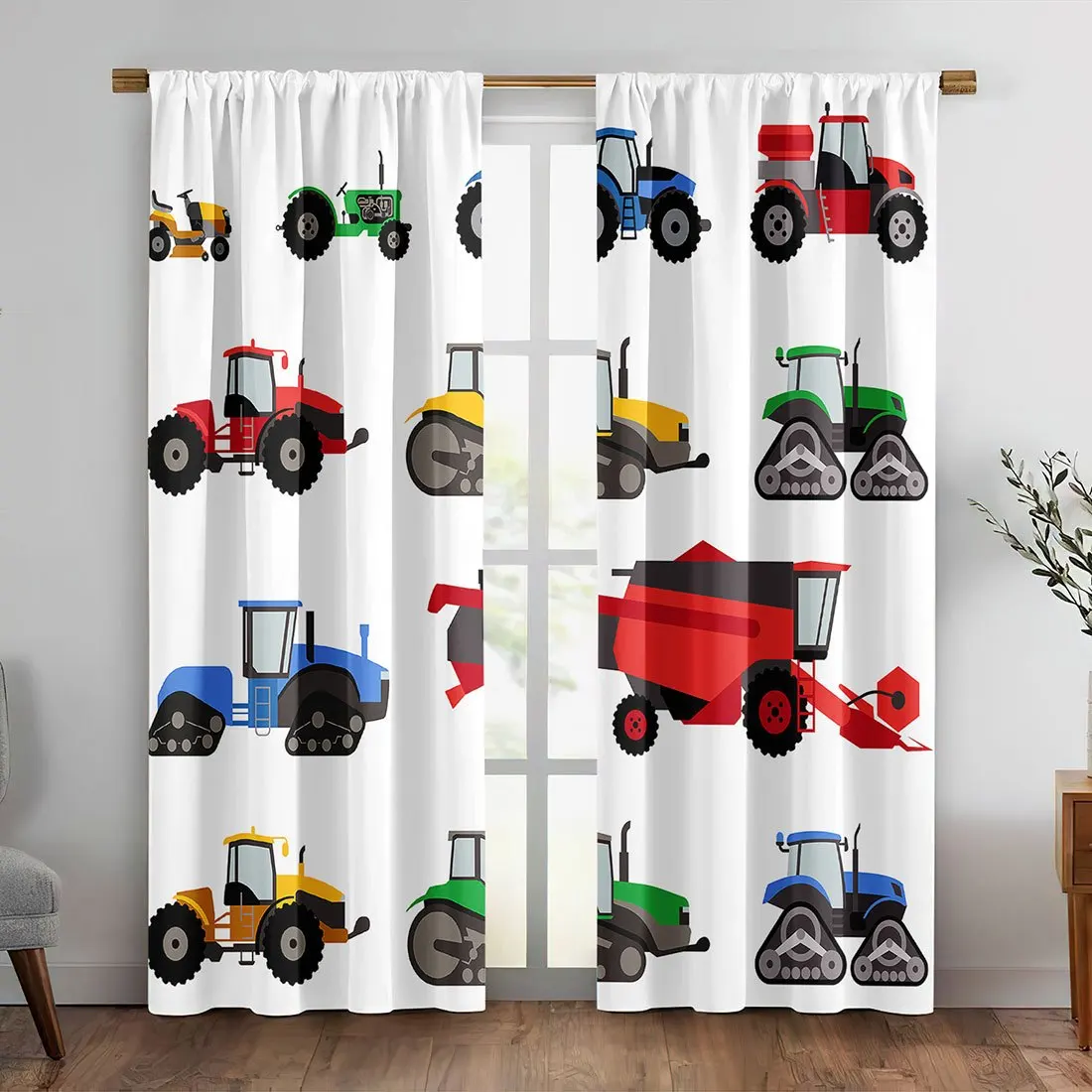 Cartoon Tractor Curtain Colorful Farm Machinery Print Drape, Agricultural Vehicle Window Treatment for Kids Bedroom Nursery Home