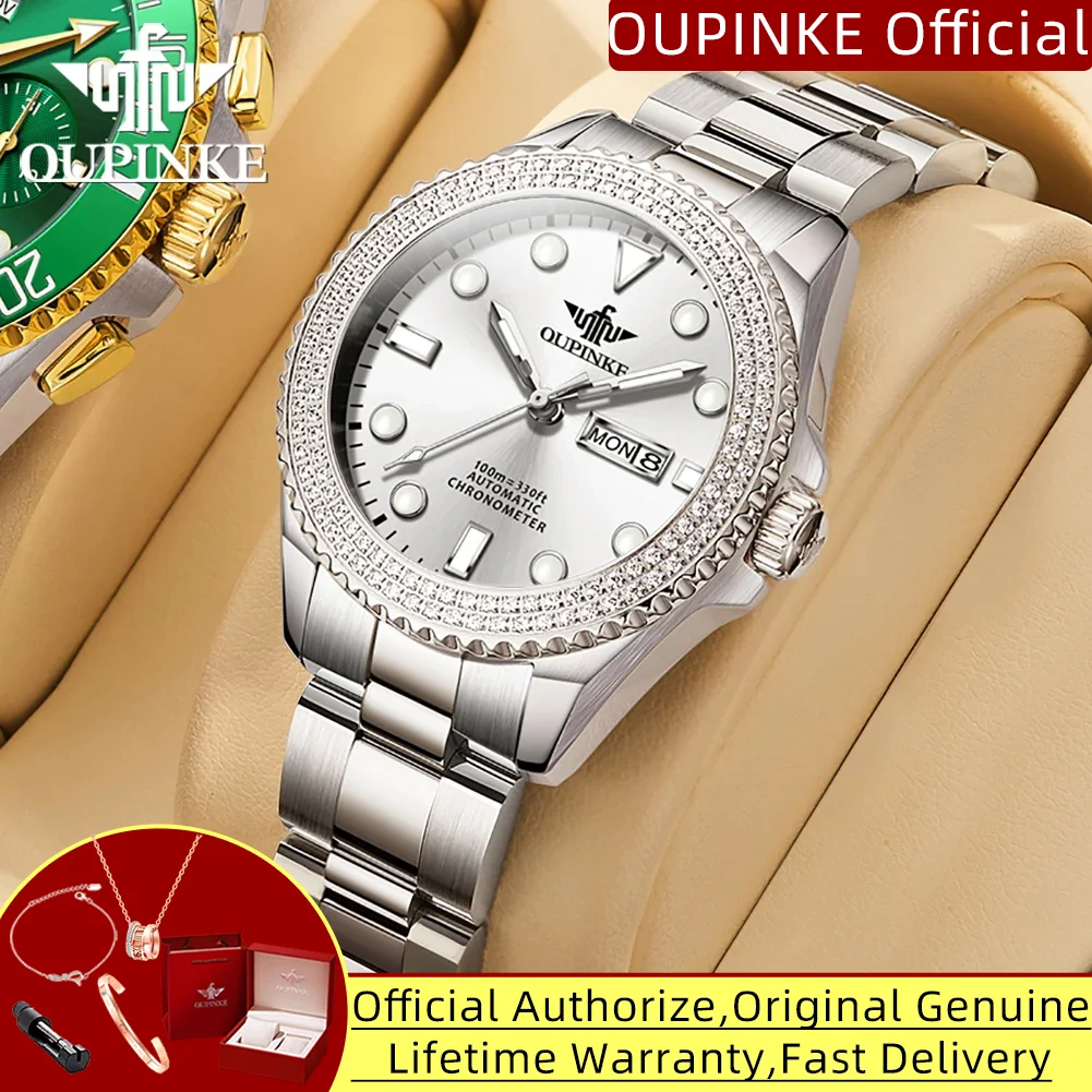 

OUPINKE 3205 100m Waterproof Watch for Women High Quality Diamond Sapphire Mirror Diving Series Automatic Mechanical Wristwatch
