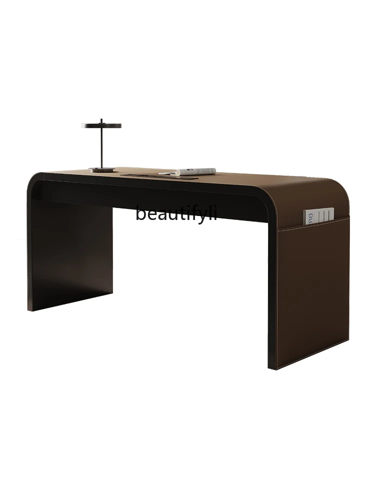 

Italian Minimalist Saddle Leather Study Desk Modern Light Luxury Designer Desk Boss Desk