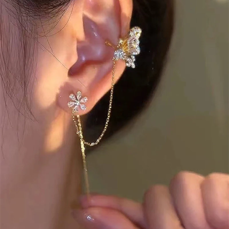 Wedding Fashion Jewelry: Shiny Crystal Butterfly Ear Cuff and Flower Stud Earrings with Tassel Chain for Women.