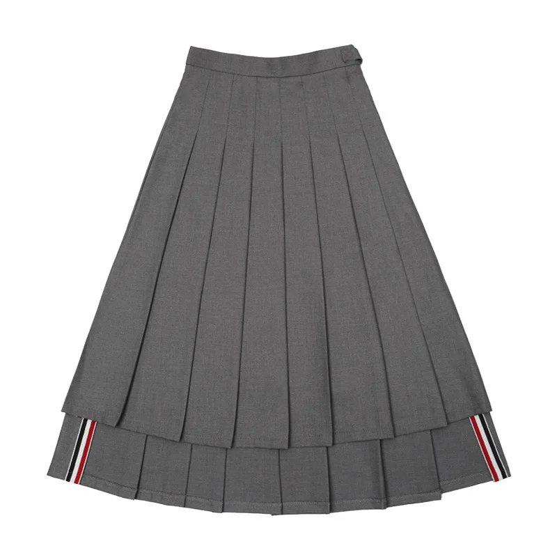 

Pleated Skirt Summer Fashion Brand Women Preppy Style Split Mid-calf Skirts Lady Empire Falda Gray Blue JK Uniform Jupe Femme