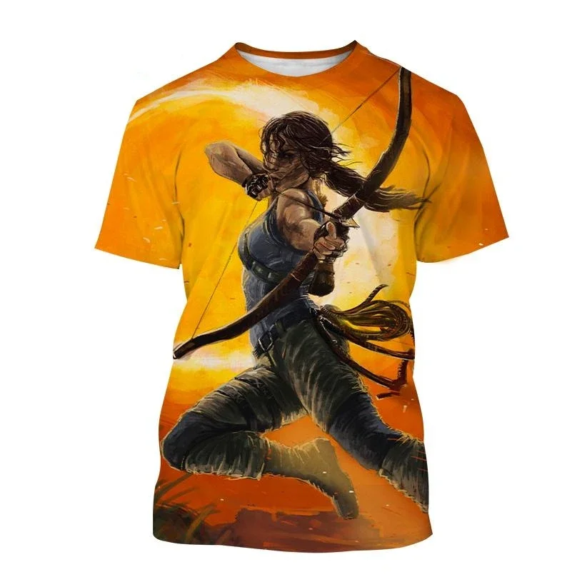 

New Best-selling Tomb Raider 3D Printed T-shirt Fashion Casual Lara Personality Men and Women Cool Street Style Crewneck Quick-d