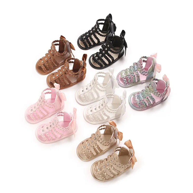 Baby Girl Shoes Sandals PU Leather Braided Non-slip Bowknot Summer White Flats Toddler Shoes for Casual Daily