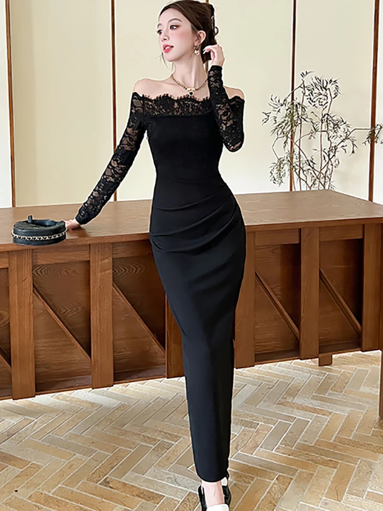 

Autumn Winter Black Patchwork Lace Slash Neck Sexy Long Dress Women Vintage Hepburn Luxury Dress 2025 Korean Elegant Night Dress