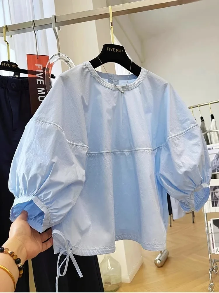 

Новинка лета 2024, рубашка с круглым вырезом и рукавами-фонариками, женская корейская модная шикарная милая однотонная блузка с рукавами семь четвертей, топы