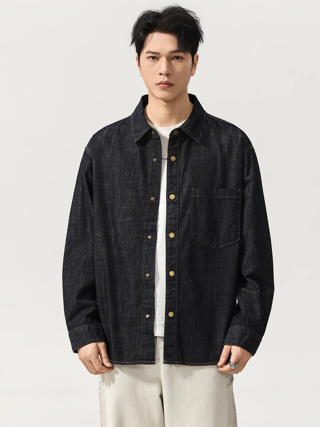 

Мужская рубашка в американском ретро-стиле из смесового денима и льна Lenzing, весенняя, свободного кроя, с бамбуковым узором, повседневная верхняя одежда, классическая, с длинным рукавом