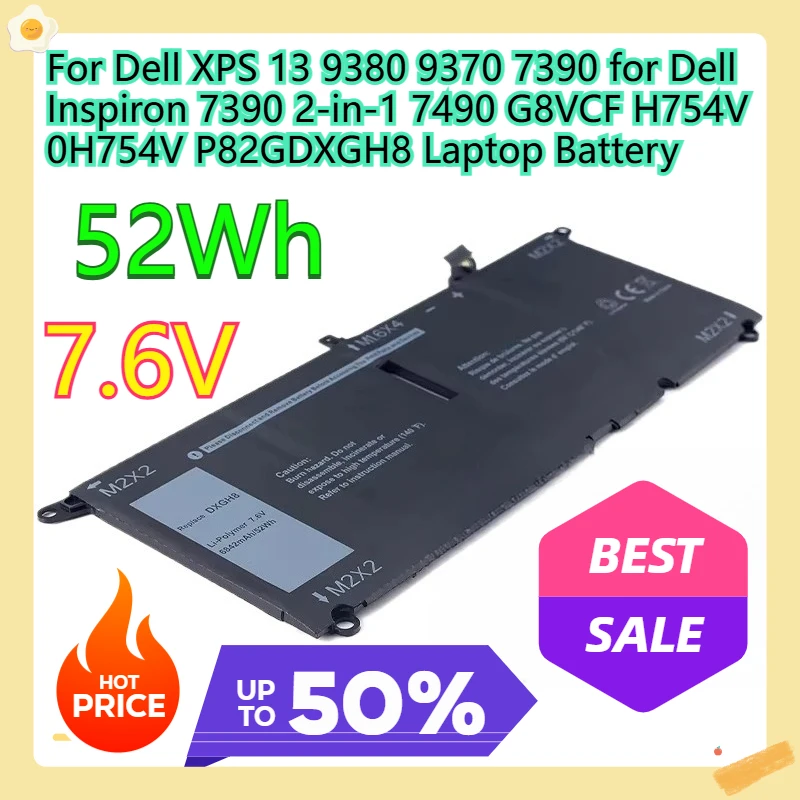 For Dell XPS 13 9380 9370 7390 for Dell Inspiron 7390 2-in-1 7490 G8VCF H754V 0H754V P82GDXGH8 Laptop Battery  52WH