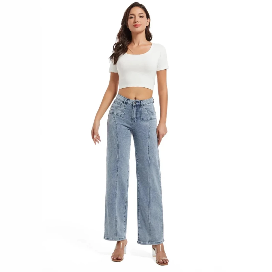 

Женские джинсы, джинсовые широкие брюки, винтажные прямые брюки со средней талией, эластичные потертые брюки до щиколотки, уличная одежда