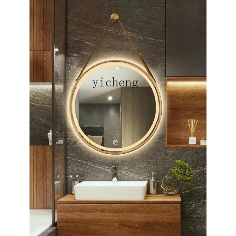 e-3 Toilet Bathroom Mirror Wall-Mounted Hang Rope Wall-Mounted Aluminum Alloy round Mirror