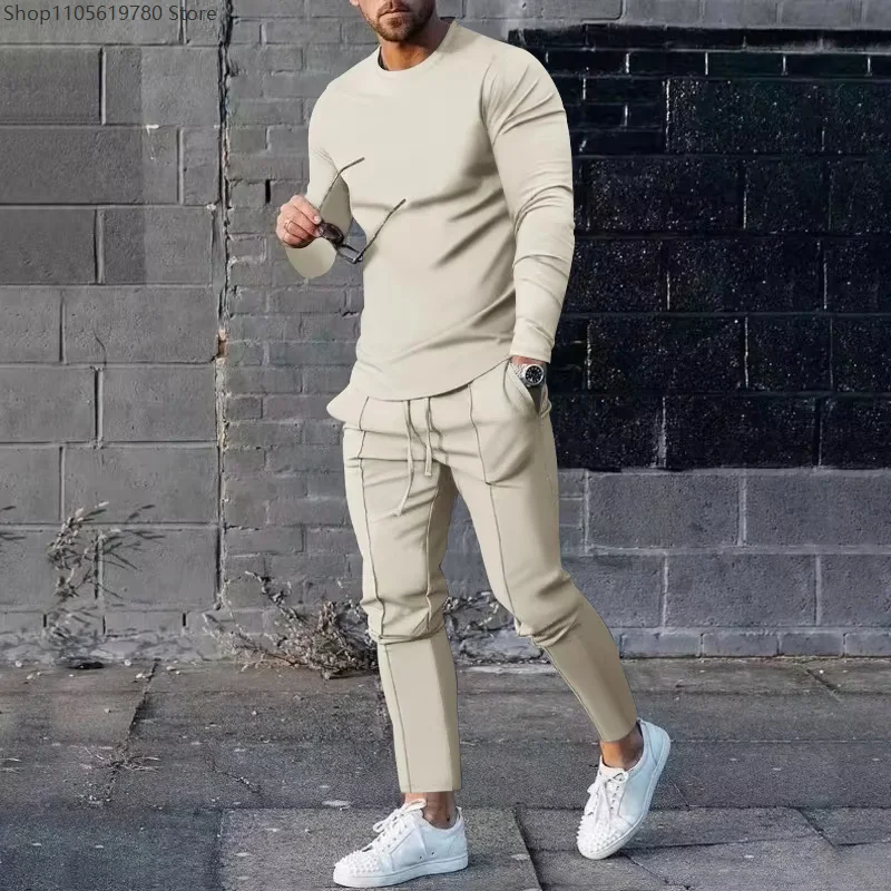 Men Autumn Slim Two Piece Tracksuit Round Neck Long Sleeve Top Sweatpants Casual Daily Cosplay Matching Sportswear Outfit Set
