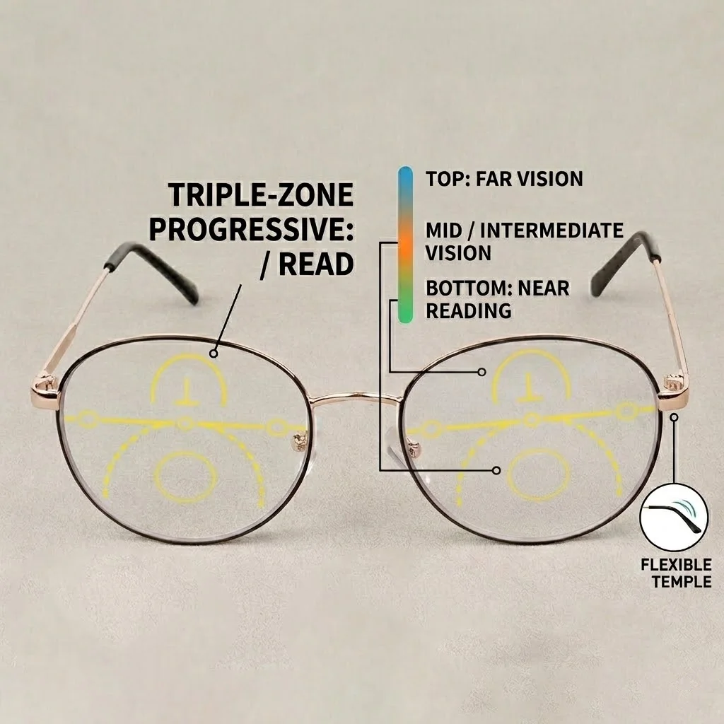 Klassische runde progressive multifokale Lesebrille für Herren und Damen, langlebiger goldener Rahmen, Luxus-Markendesigner, klare Gläser, leicht