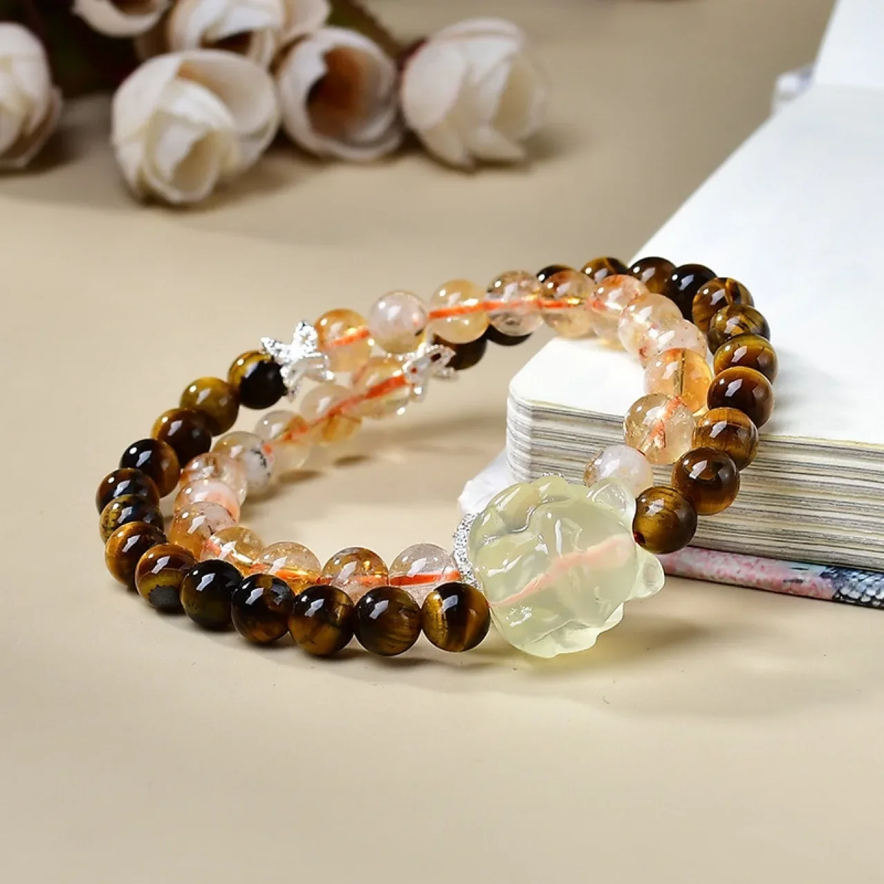

Yellow Tiger Eye Citrine Nine Tails Double Ring Bracelet Light Luxury Fashion Ladies Lucky Bracelet, Gift