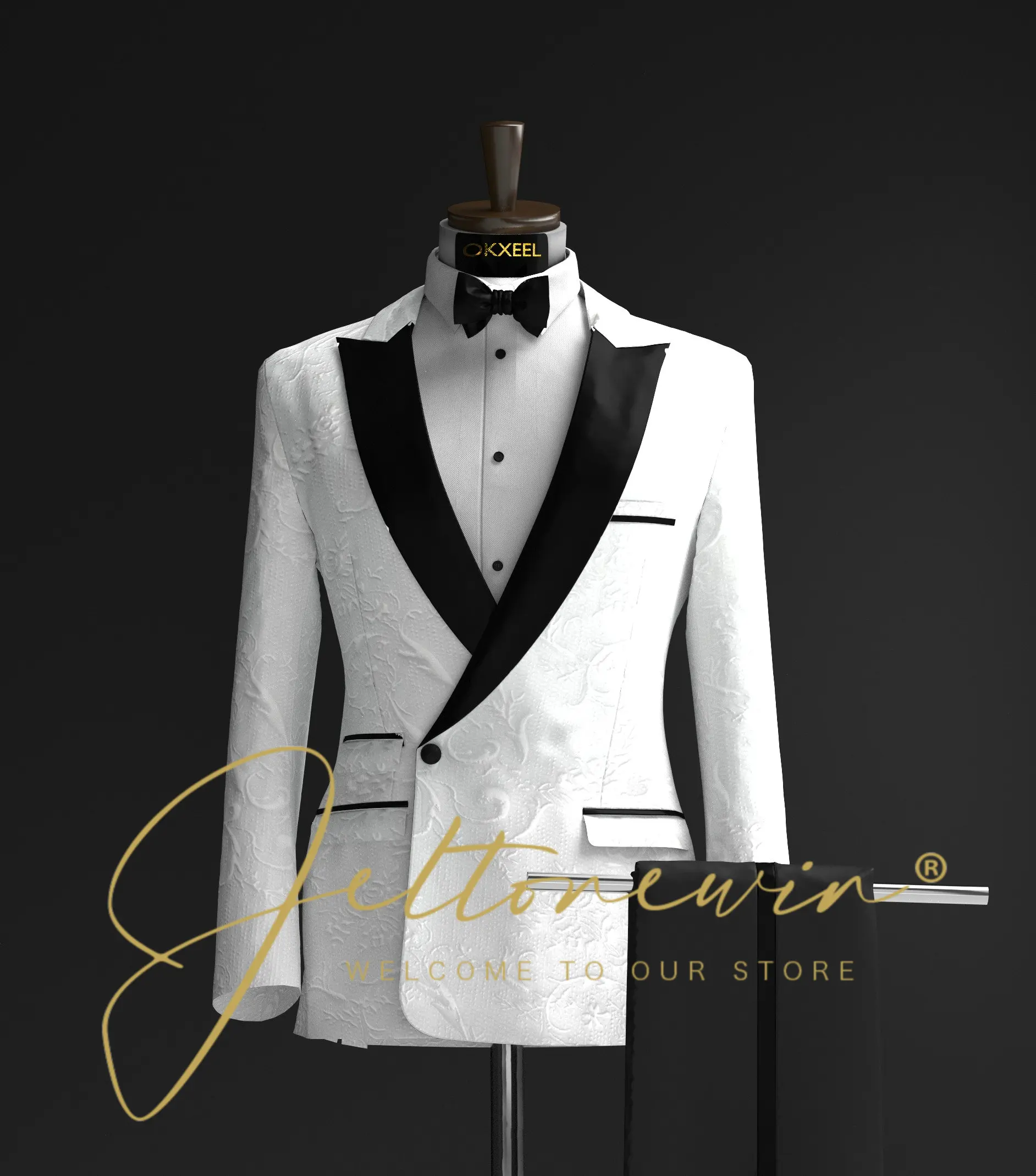 

White Men's Two Piece Suit with Peak Lapel and Textured Fabric Elegant Modern Style for Groom or Banquet Occasions