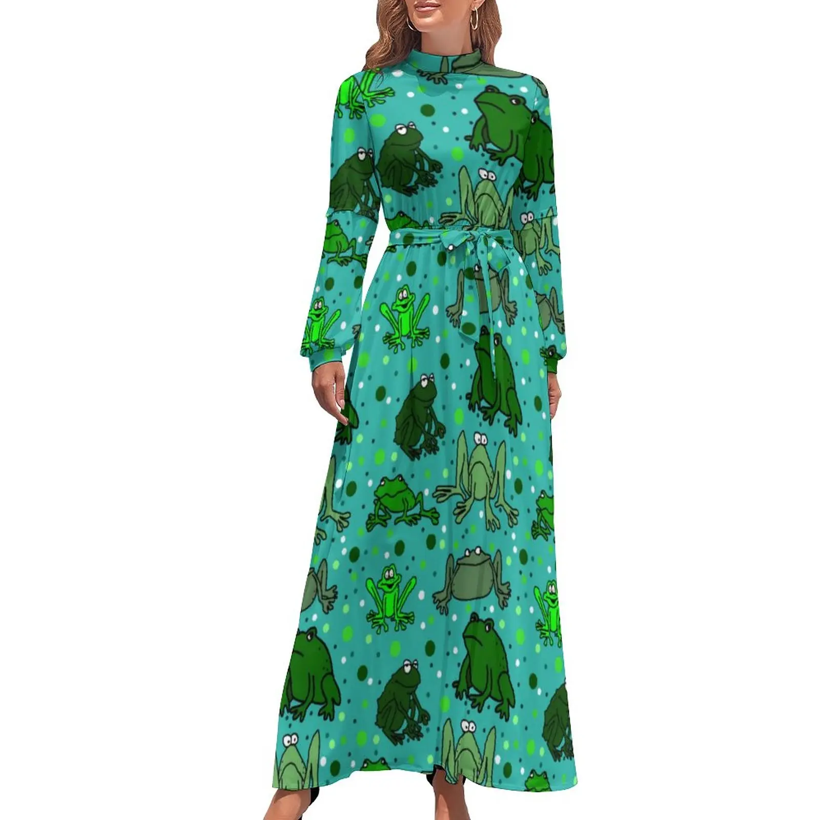 

Cartoon Frog Dress Funny Animal Print Street Wear Bohemia Dresses Women Long Sleeve High Waist Sexy Long Maxi Dress